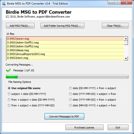 Import MSG files to PDF software